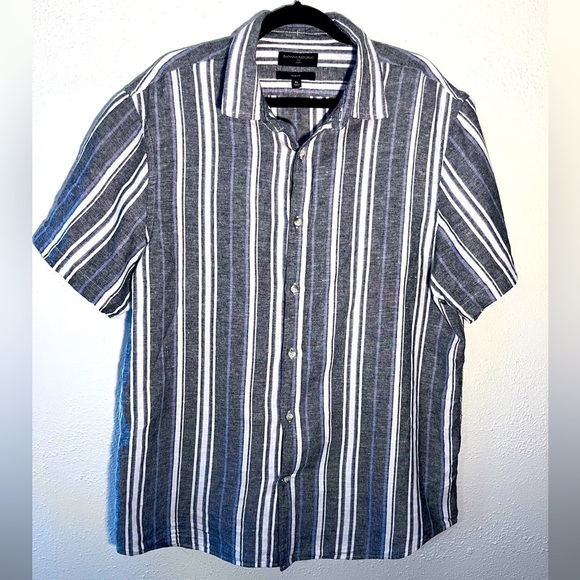 Banana Republic Slim Fit Mens XL Gray & Blue Striped Linen Casual Preppy Shirt - Picture 1 of 5